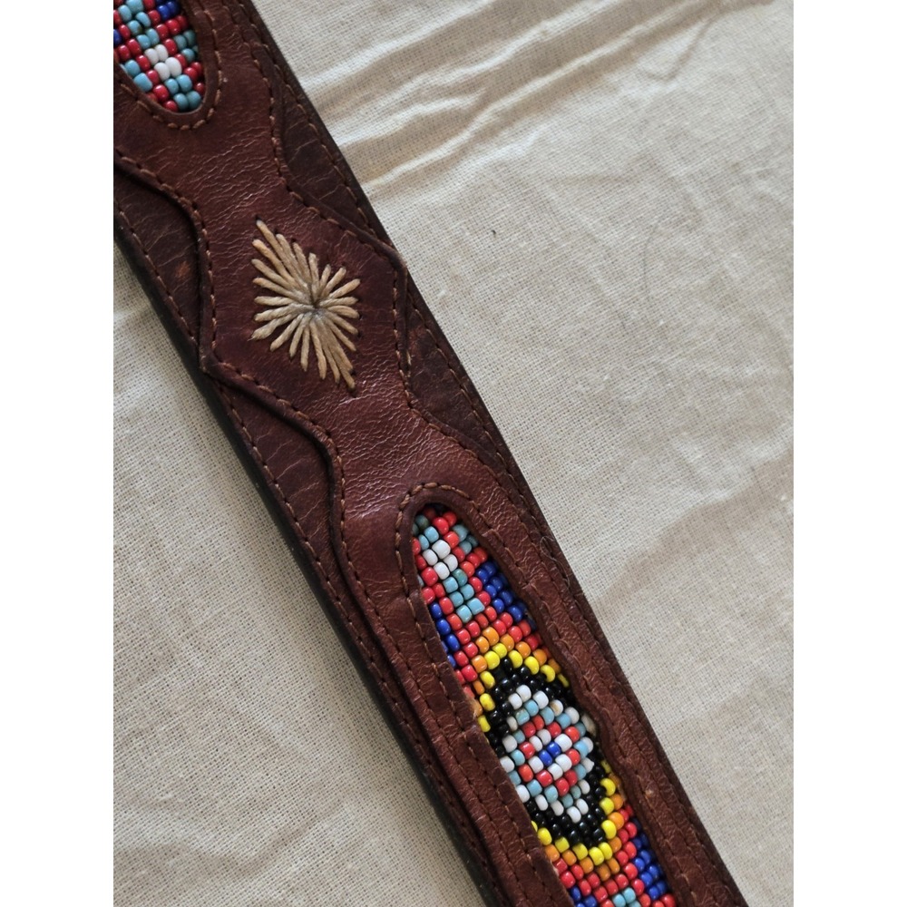 Vintage Belt Leather Beaded Leegin Montana Silvertone Brass Buckle Western - Picture 5 of 11